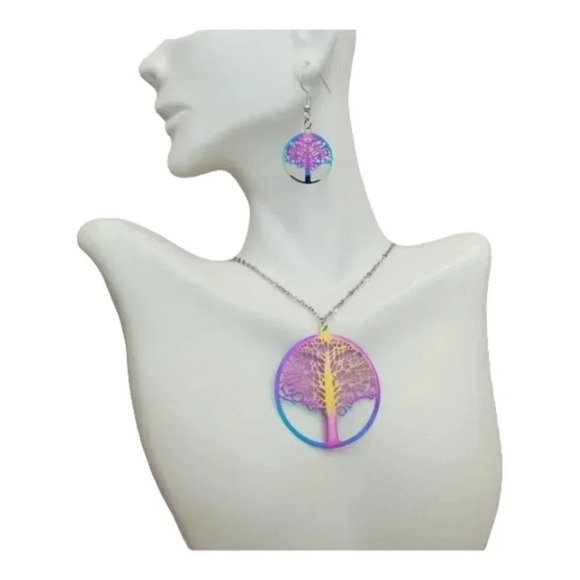 Iridescent Tree of Life Earring and Necklace Set - Picture 1 of 9